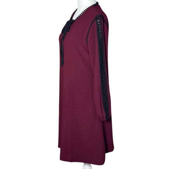 Taylor Womens Dress Size 10 Burgundy Black Lace Trim Tie Detail Mini Length - Picture 3 of 11